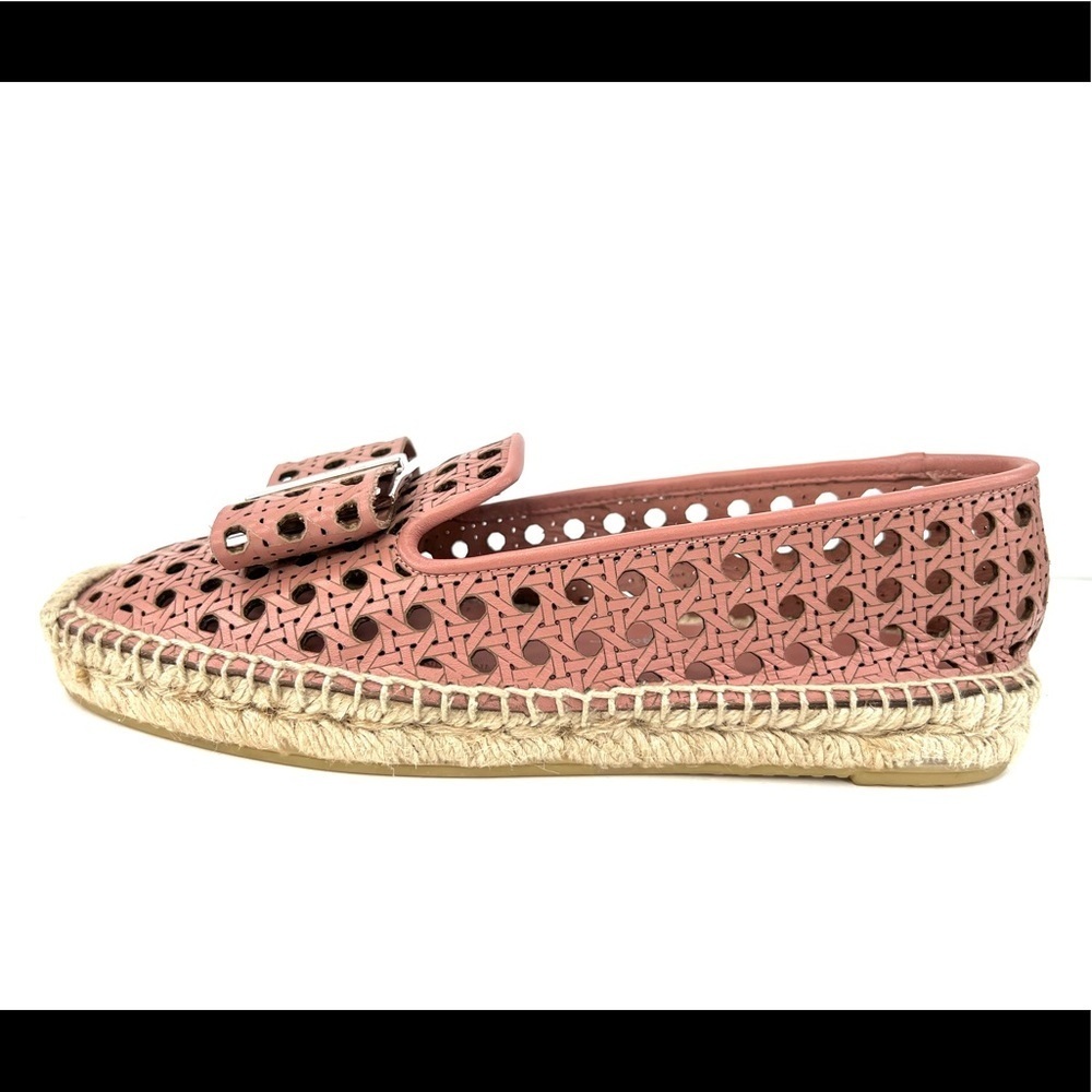 SALVATORE FERRAGAMO Sannio Bow Laser Cut Leather Flat Espadrilles Size 4.5 - Picture 4 of 11